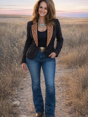 Printed Tooled Leather-Trim blazer